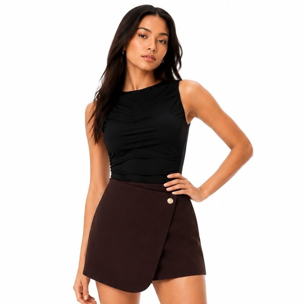 HM Womens High Waisted Wrap Skort Burgundy Brown Gold Button Size XS New